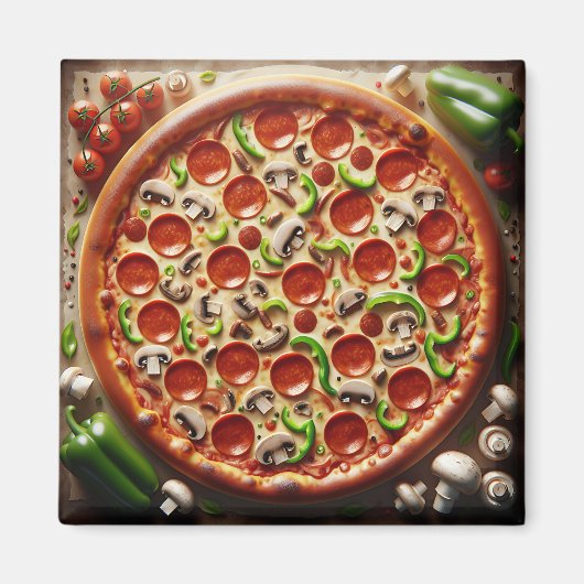 Paddenstoelen, groene paprika's en Pepperoni Pizza Magneet (Voorkant)