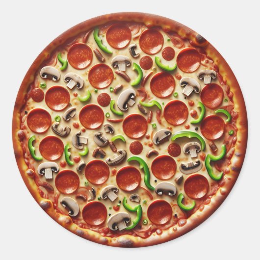 Paddenstoelen, groene paprika's en Pepperoni Pizza Ronde Sticker (Voorkant)