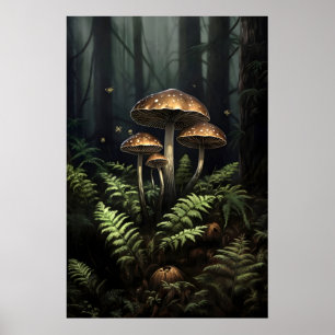 Paddenstoelen in Mosvarenprint, Donkere Academisch Poster