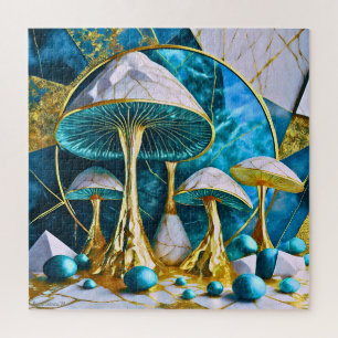 Paddenstoelen in Teal Blauwe Goud Witte Marmer Sur Legpuzzel