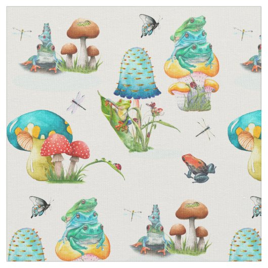 Paddenstoelen, kikkers, libellen, buikvlies stof (Close Up)