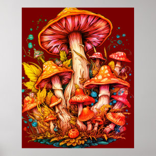 Paddenstoelen met 1970s Vibe op Bruine Achtergrond Poster