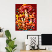 Paddenstoelen met 1970s Vibe op Bruine Achtergrond Poster (Thuiskantoor)