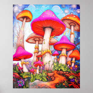 Paddenstoelen onder een ochtendhemel achtergrond o poster