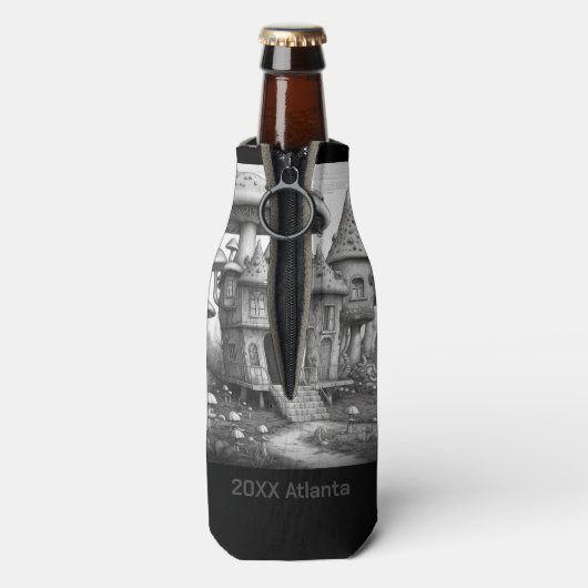 Paddenstoelen op houten huis dak Zwart-wit AIda Flesjeskoeler (Fles Achterkant)