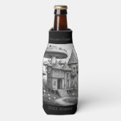 Paddenstoelen op houten huis dak Zwart-wit AIda Flesjeskoeler (Fles Voorkant)