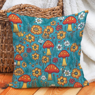 Paddenstoelen Retro 70's Rood Geel Teal Kussen