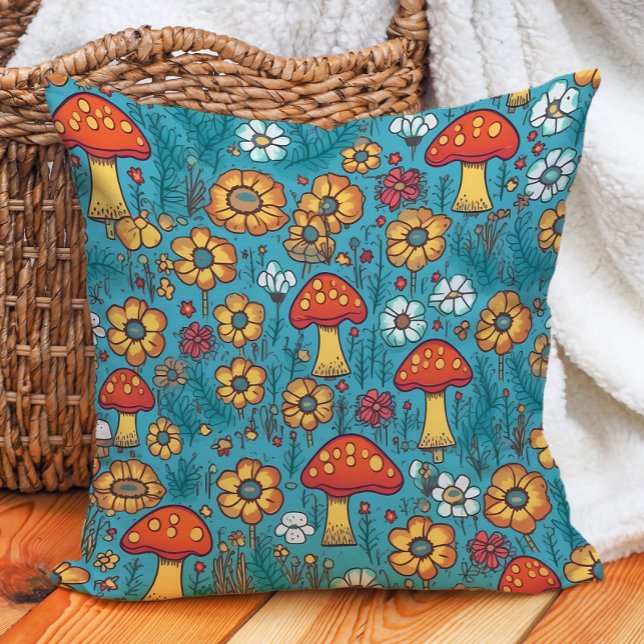 Paddenstoelen Retro 70's Rood Geel Teal Kussen (Cute orange mushrooms on teal decorator pillow)