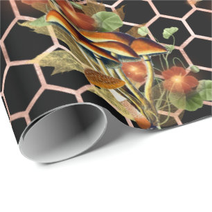 Paddenstoelen Roos Woodland Black Floral Honeycomb Cadeaupapier