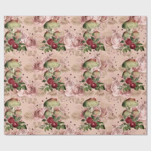 Paddenstoelen Roze Woodland Gold Floral  Mint Cadeaupapier (Vlak)