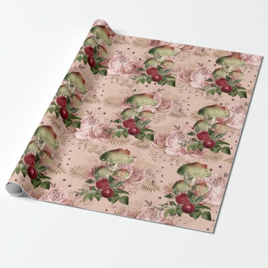 Paddenstoelen Roze Woodland Gold Floral  Mint Cadeaupapier (Uitgerold)