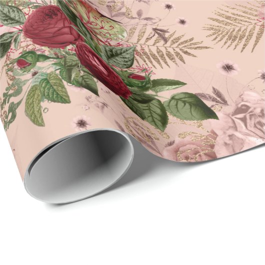 Paddenstoelen Roze Woodland Gold Floral  Mint Cadeaupapier (Rol Hoek)
