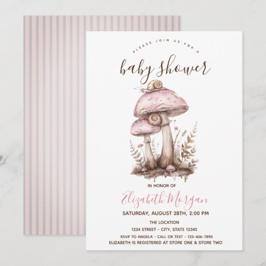Paddenstoelen Snail Pink Stripes Baby shower Kaart (Voorkant / Achterkant)