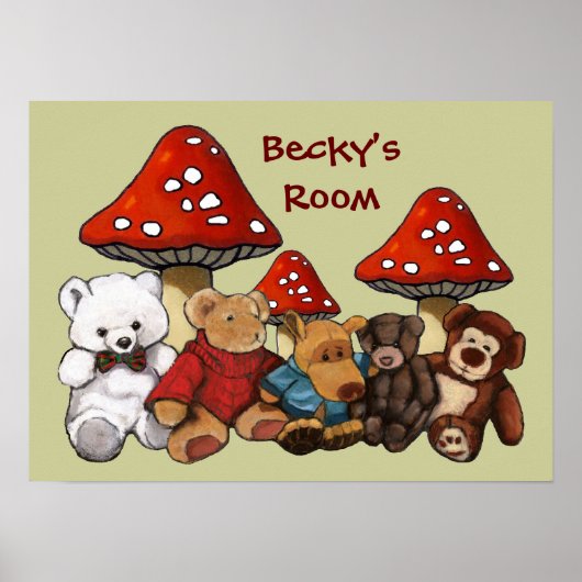 Paddenstoelen & Teddyberen: kinderkamer personalis Poster (Voorkant)