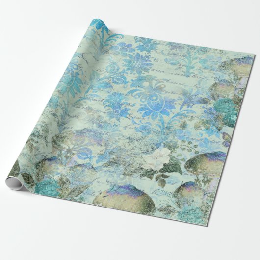 Paddenstoelen Woodland Pink Old Letter Aqua Blue G Cadeaupapier (Uitgerold)