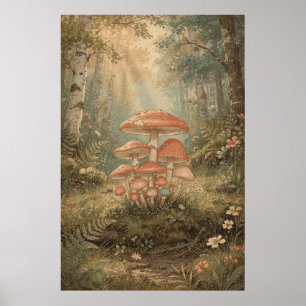 Paddenstoelencluster in een zonnig berkenbos poster