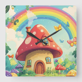 Paddenstoelenhuizen en regenboog 10 vierkante klok