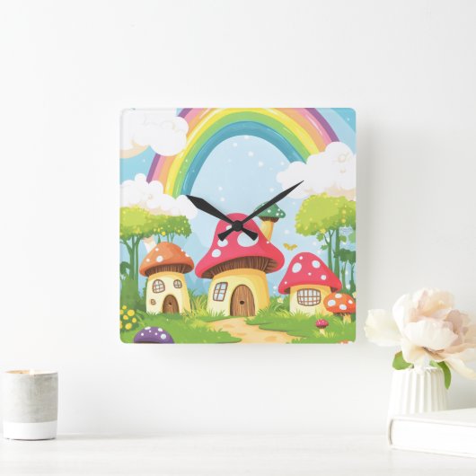 Paddenstoelenhuizen en regenboog 11 vierkante klok (Huis)