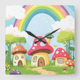 Paddenstoelenhuizen en regenboog 11 vierkante klok