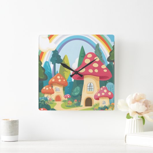 Paddenstoelenhuizen en regenboog 12 vierkante klok (Huis)