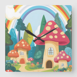 Paddenstoelenhuizen en regenboog 12 vierkante klok
