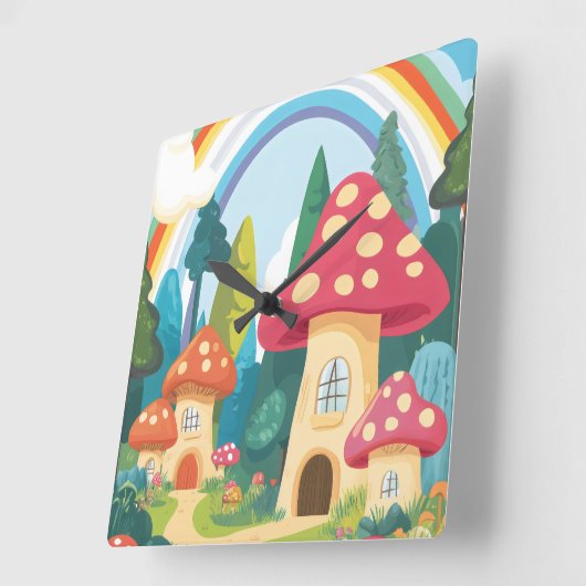 Paddenstoelenhuizen en regenboog 12 vierkante klok (Hoek)