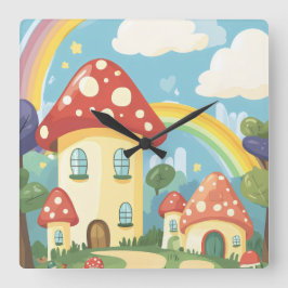 Paddenstoelenhuizen en regenboog 12 vierkante klok