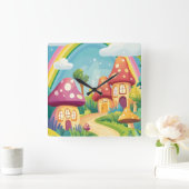 Paddenstoelenhuizen en regenboog 13 vierkante klok (Huis)