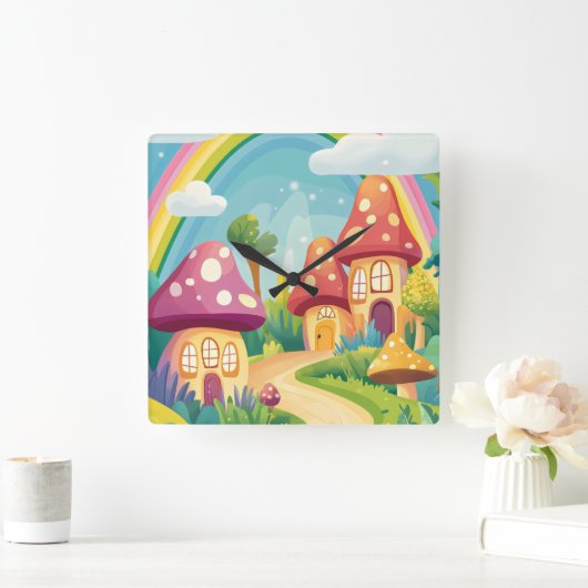 Paddenstoelenhuizen en regenboog 13 vierkante klok (Huis)