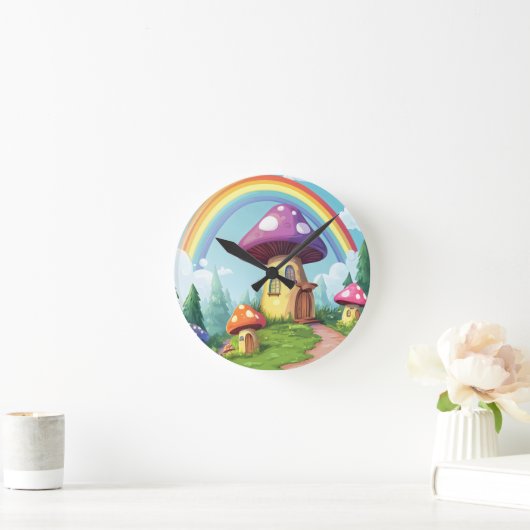 Paddenstoelenhuizen en regenboog 14 ronde klok (Huis)