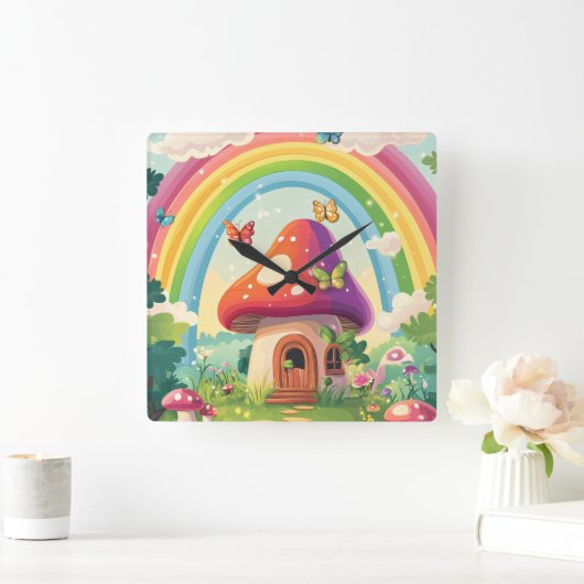 Paddenstoelenhuizen en regenboog 9 vierkante klok (Huis)