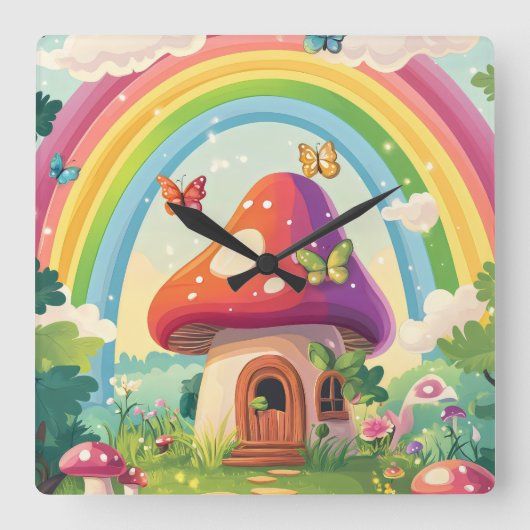Paddenstoelenhuizen en regenboog 9 vierkante klok (Voorkant)