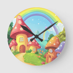 Paddenstoelenhuizen en regenboog ronde klok
