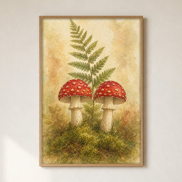 Paddenstoelenpaar in mos waterkleurenposter poster