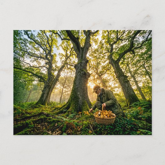 Paddenstoelenzoeker onder oude eikenbomen briefkaart (Voorkant)