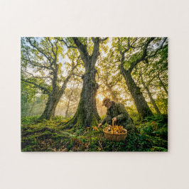 Paddenstoelenzoeker onder oude eikenbomen legpuzzel
