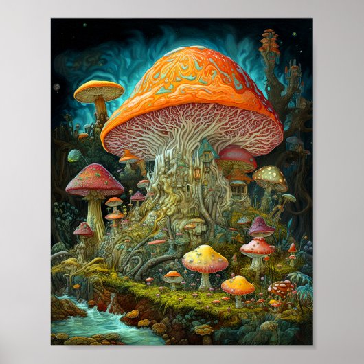 Paddenstoellandschap Surrealistische Fantasy Art Poster (Voorkant)
