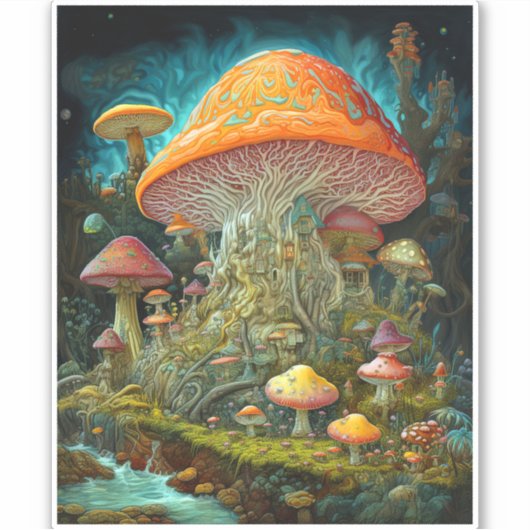 Paddenstoellandschap Surrealistische Fantasy Art Sticker (Voorkant)