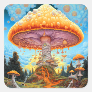 Paddenstoellandschap Surrealistische Fantasy Art Vierkante Sticker