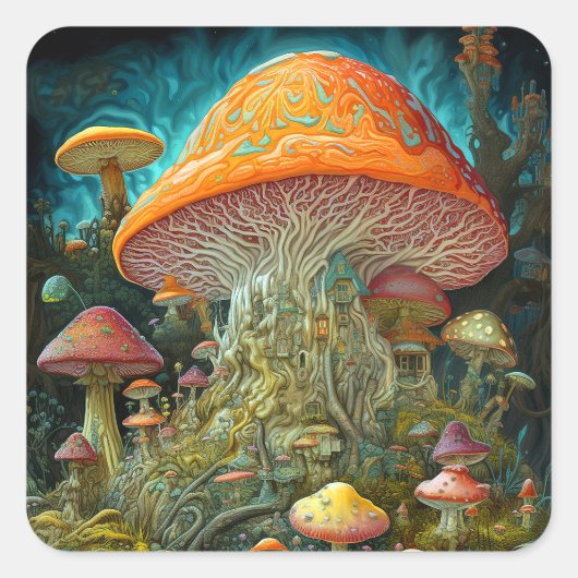 Paddenstoellandschap Surrealistische Fantasy Art Vierkante Sticker (Voorkant)