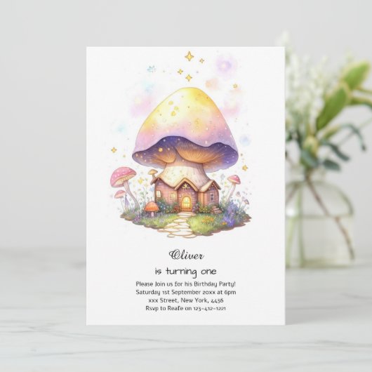 Paddestoel 1e verjaardag uitnodiging (Staand voorkant)
