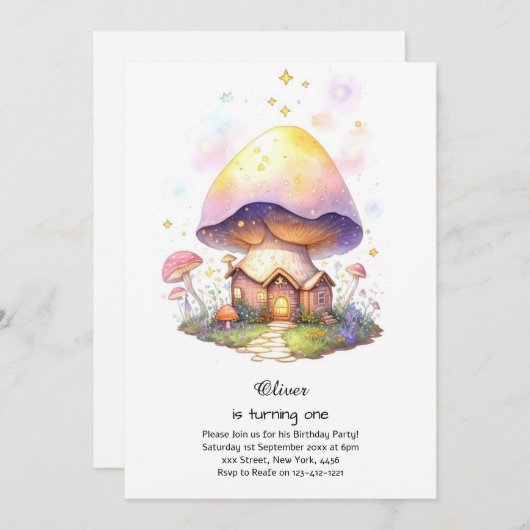 Paddestoel 1e verjaardag uitnodiging (Voorkant / Achterkant)