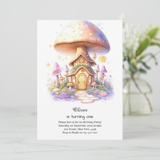Paddestoel 1e verjaardag uitnodiging (Staand voorkant)