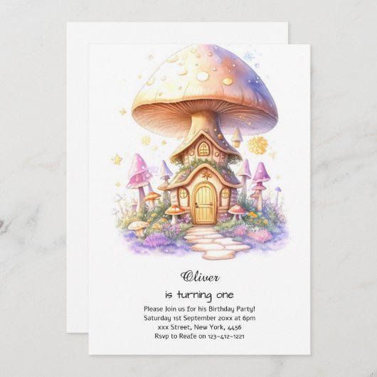 Paddestoel 1e verjaardag uitnodiging (Voorkant / Achterkant)