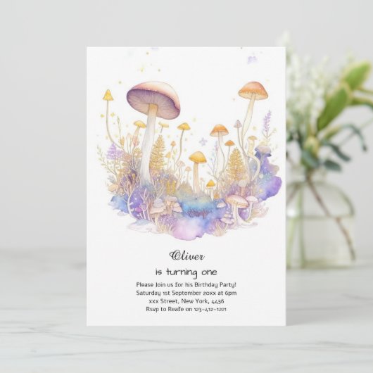 Paddestoel 1e verjaardag uitnodiging (Staand voorkant)