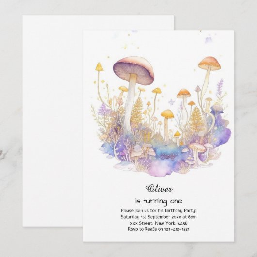 Paddestoel 1e verjaardag uitnodiging (Voorkant / Achterkant)