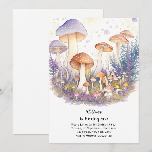 Paddestoel 1e verjaardag uitnodiging (Voorkant / Achterkant)
