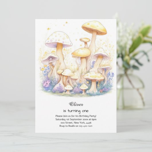 Paddestoel 1e verjaardag uitnodiging (Staand voorkant)
