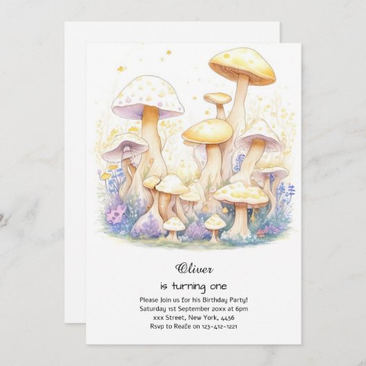 Paddestoel 1e verjaardag uitnodiging (Voorkant / Achterkant)