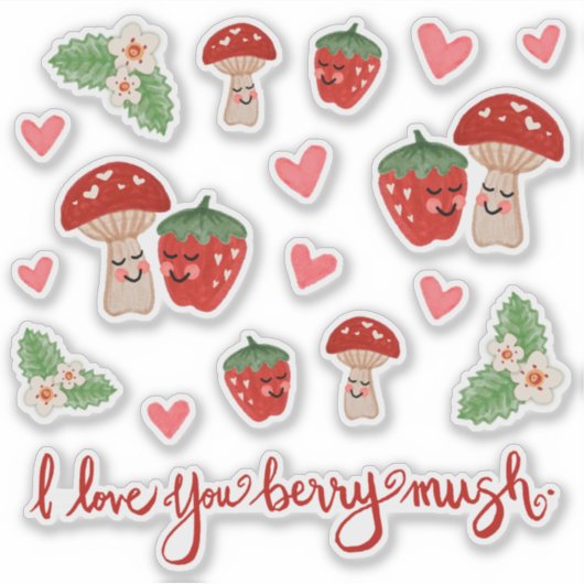 Paddestoel Aardbei Valentijn Sticker Blad (Voorkant)